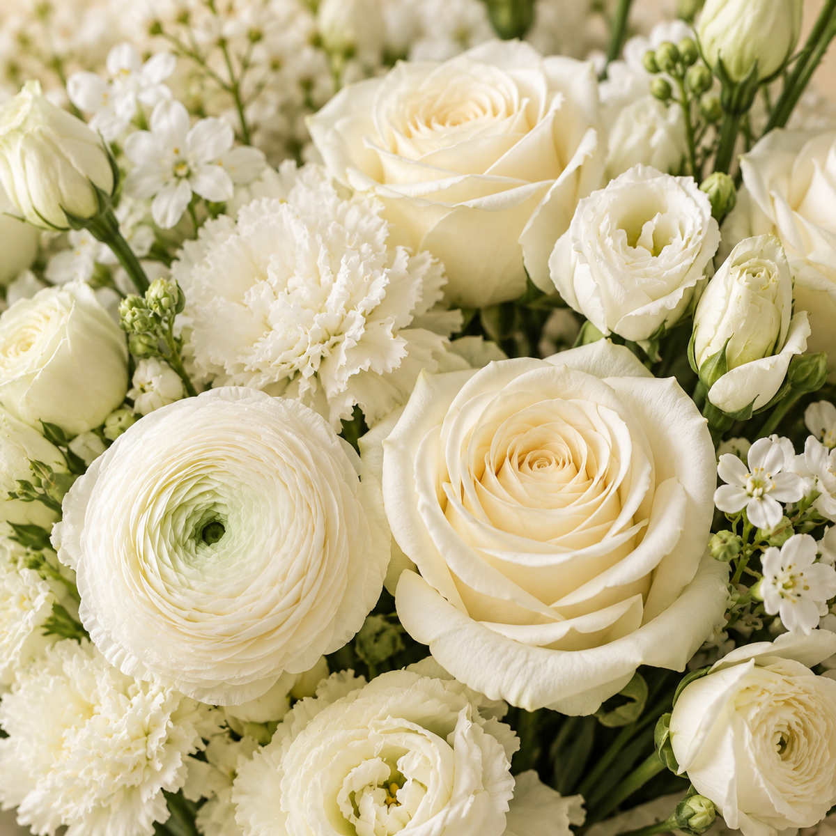 Gros plan des fleurs du bouquet blanc premium Flowever – image de démonstration