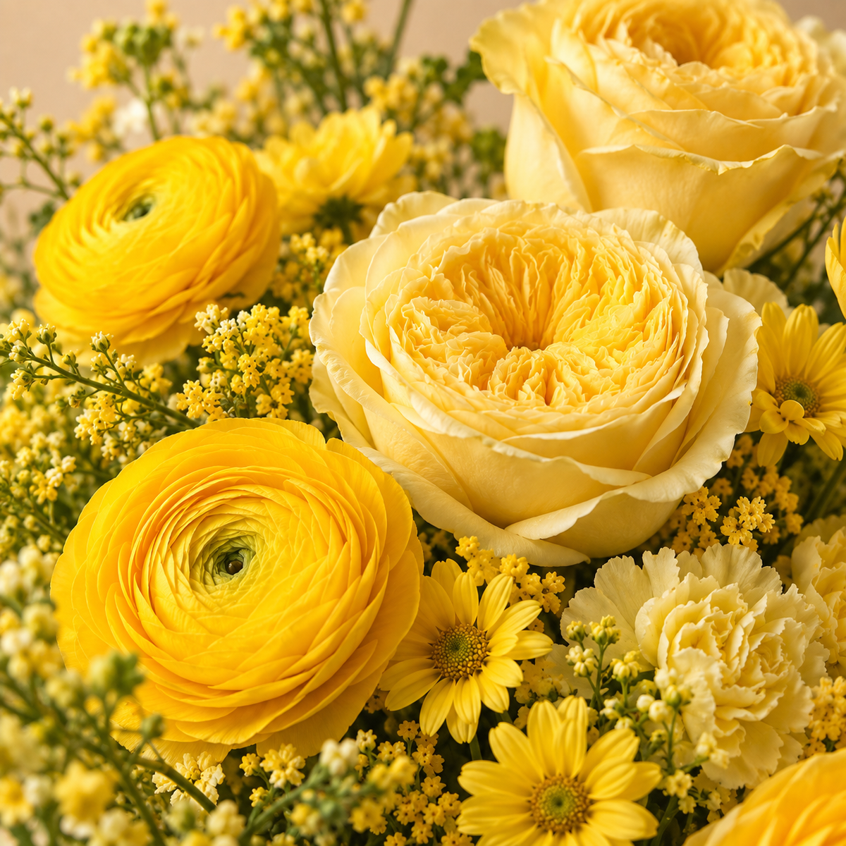 Gros plan des fleurs du bouquet jaune premium Flowever – image de démonstration