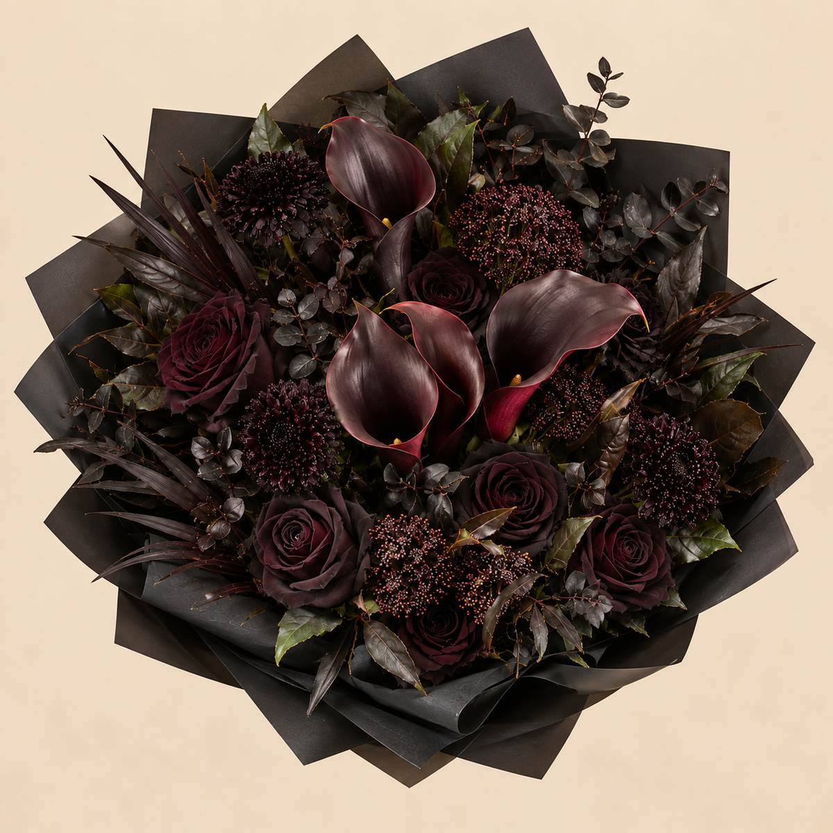 Bouquet noir premium Flowever vu du dessus – image de démonstration