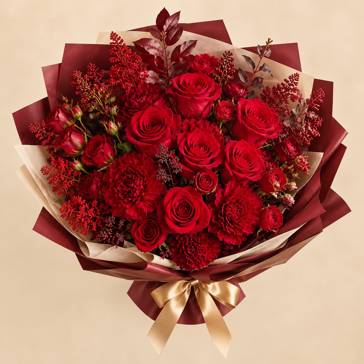 Bouquet rouge premium Flowever vu du dessus – image de démonstration