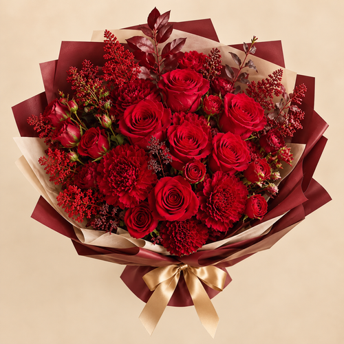 Bouquet rouge premium Flowever vu du dessus – image de démonstration
